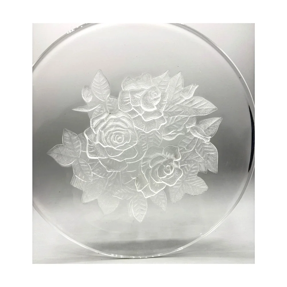 Vintage Frosted Glass Rose Floral Serving Platter Round 12.5 Inch Clear Plate